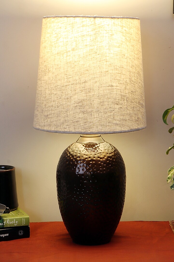 Dark Brown Nalanda Table Lamp With Beige Shade by Nakshikathaa at Pernia's Pop Up Shop