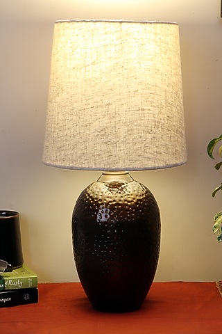 Dark Brown Nalanda Table Lamp With Beige Shade by Nakshikathaa
