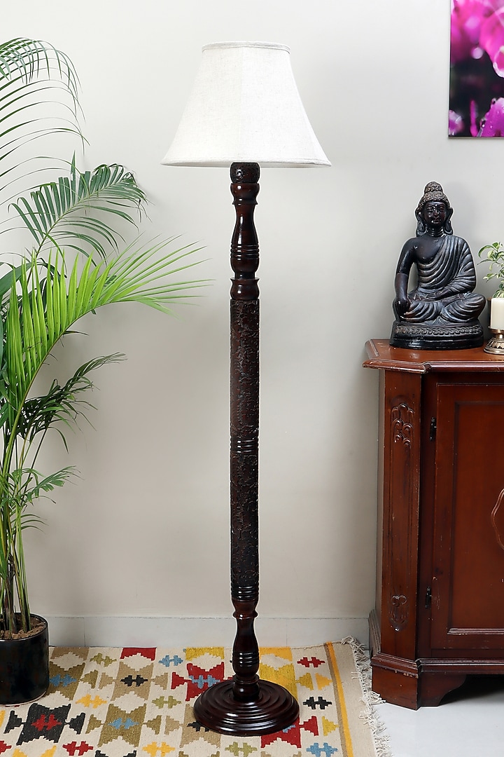 Dark Brown Chinar Floor Lamp With Beige Soft Shade by Nakshikathaa at Pernia's Pop Up Shop