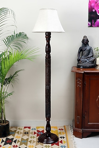 Dark Brown Chinar Floor Lamp With Beige Soft Shade by Nakshikathaa