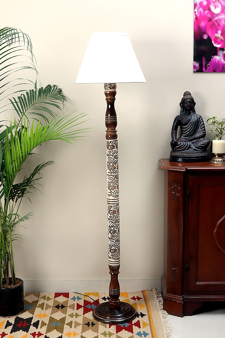 Light Brown & White Chinar Floor Lamp With Ivory White Soft Shade by Nakshikathaa