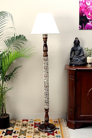 Light Brown & White Chinar Floor Lamp With Ivory White Soft Shade by Nakshikathaa