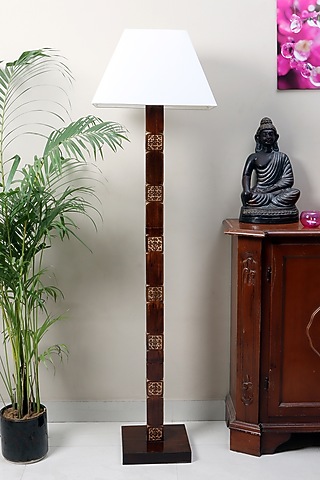 Brown & Off White Amogh Floor Lamp With Ivory White Shade by Nakshikathaa