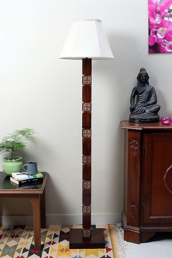 Brown & Off White Amogh Floor Lamp With Beige Soft Shade by Nakshikathaa