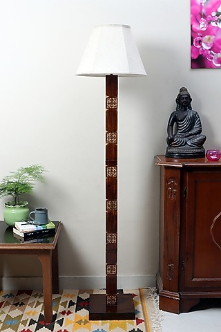 Brown & Off White Amogh Floor Lamp With Beige Soft Shade by Nakshikathaa