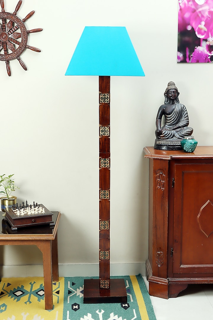 Brown & Teal Amogh Floor Lamp With Teal Shade by Nakshikathaa
