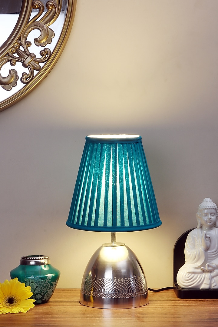 Silver Plated Utsav Table Lamp With Teal Pleated Shade by Nakshikathaa