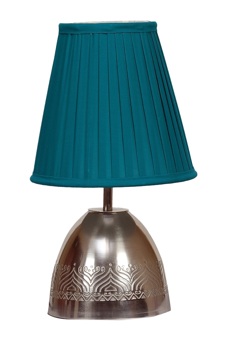 Silver Plated Utsav Table Lamp With Teal Pleated Shade by Nakshikathaa at Pernia's Pop Up Shop