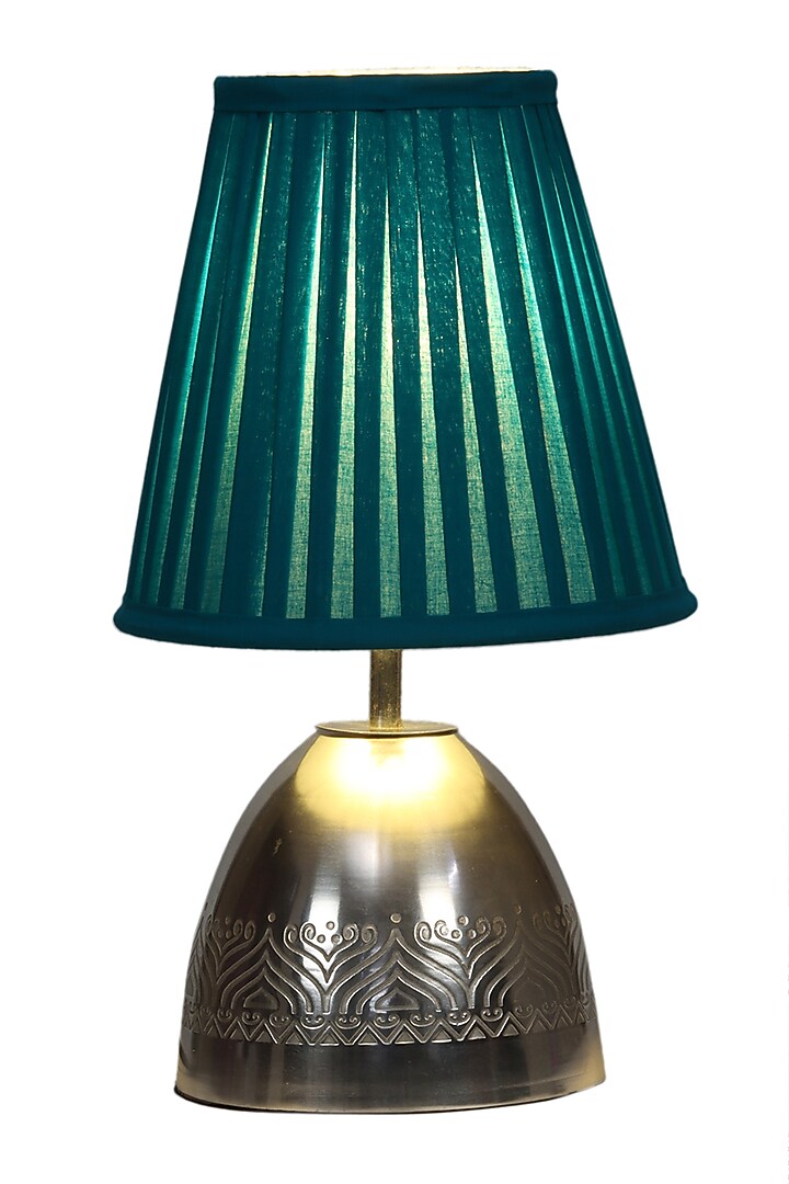 Silver Plated Utsav Table Lamp With Teal Pleated Shade by Nakshikathaa at Pernia's Pop Up Shop