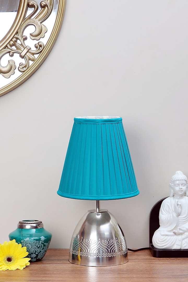 Silver Plated Utsav Table Lamp With Teal Pleated Shade by Nakshikathaa at Pernia's Pop Up Shop