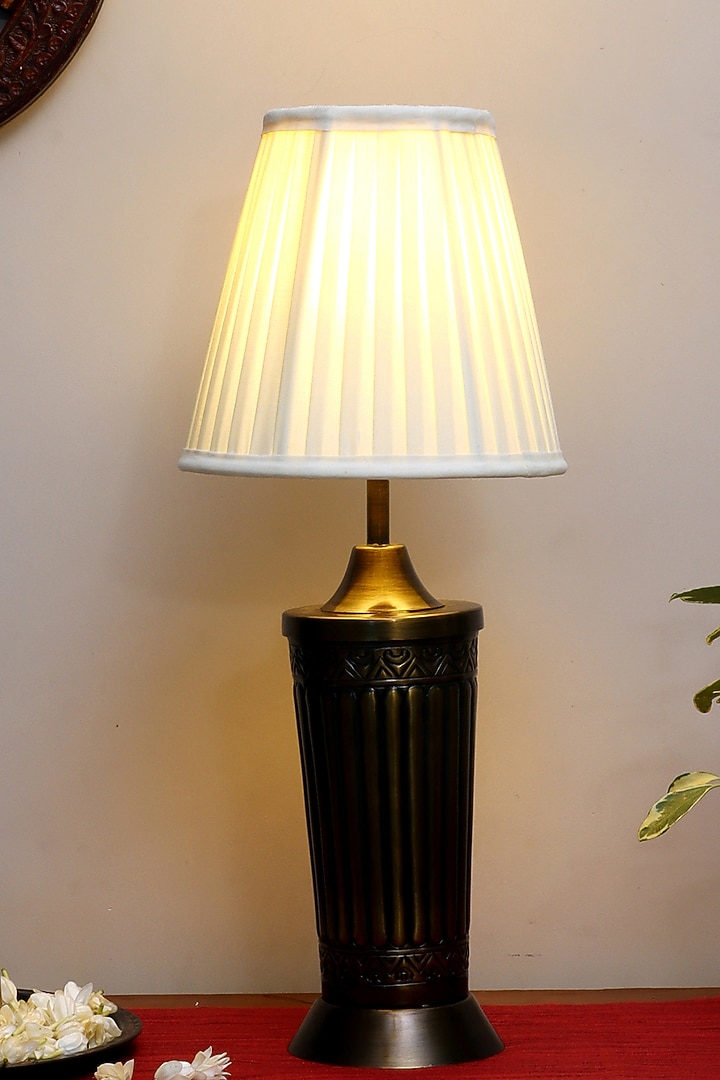 Dark Brown Vaishnavi Table Lamp With Ivory Pleated Shade by Nakshikathaa at Pernia's Pop Up Shop