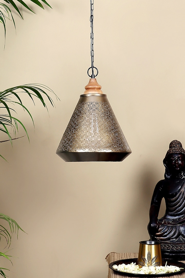 Brown Mysore Hanging Lamp With A Wooden Canopy by Nakshikathaa