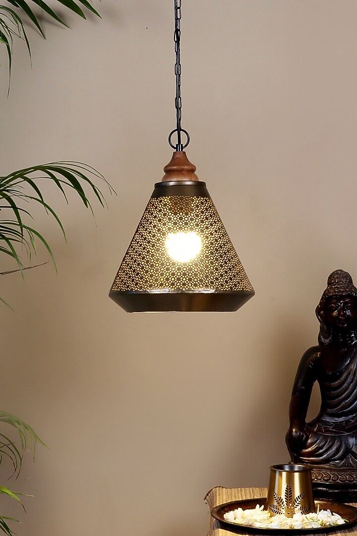 Brown Mysore Hanging Lamp With A Wooden Canopy by Nakshikathaa at Pernia's Pop Up Shop