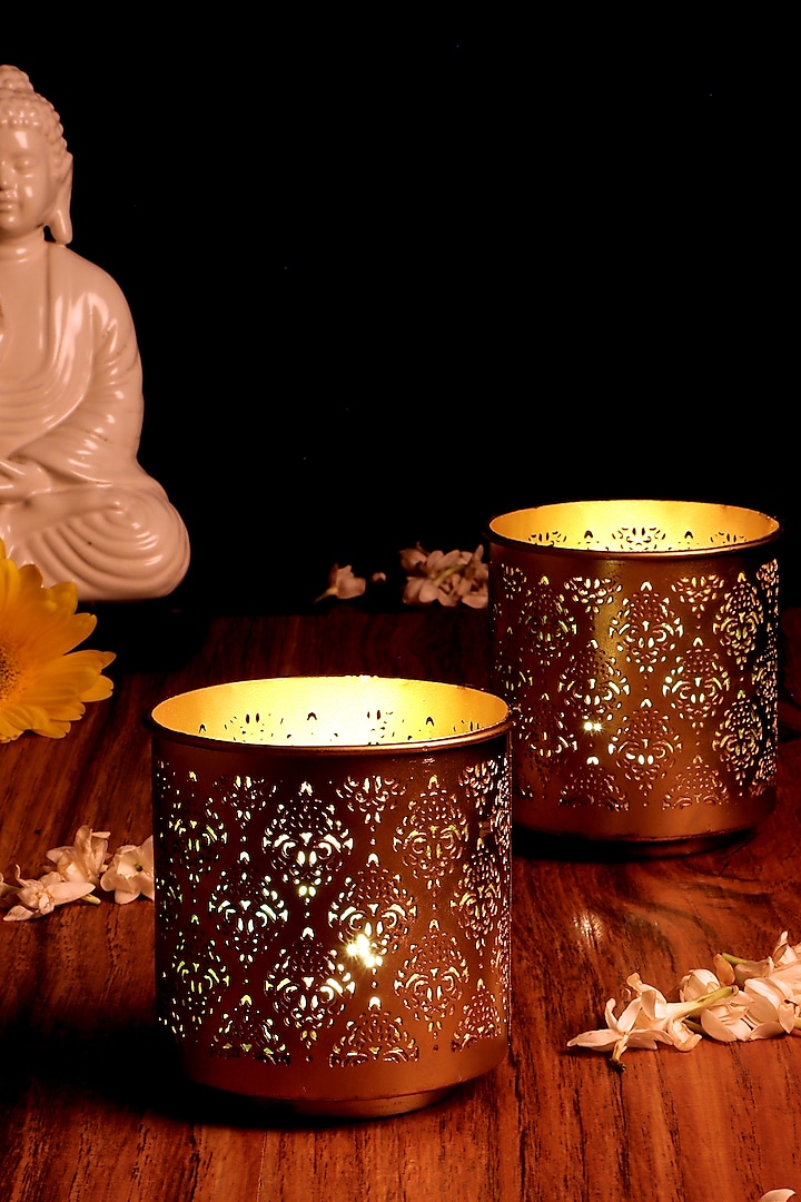 Gandhara Votive With Green Tea Light Holder (Set of 2) by Nakshikathaa at Pernia's Pop Up Shop