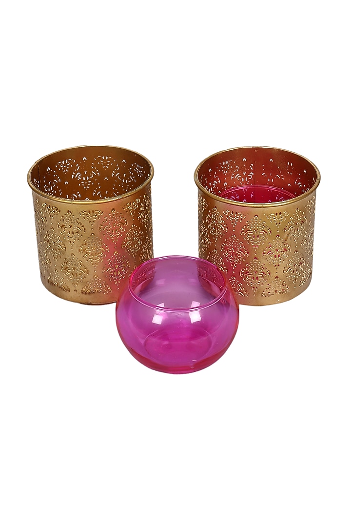 Gandhara Votive With Pink Tea Light Holder (Set of 2) by Nakshikathaa at Pernia's Pop Up Shop