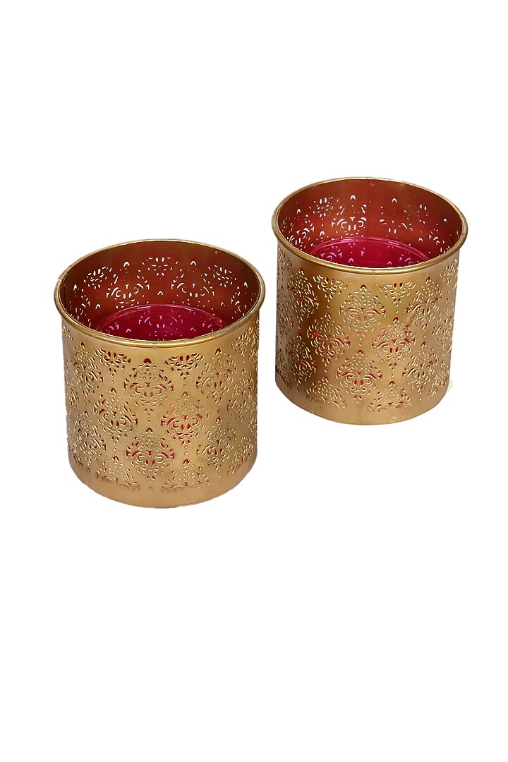 Gandhara Votive With Pink Tea Light Holder (Set of 2) by Nakshikathaa at Pernia's Pop Up Shop