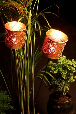 Gandhara Votive Red Tea Light Holder With Garden Stick (Set of 2) by Nakshikathaa