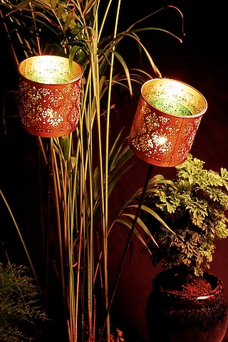Gandhara Votive Green Tea Light Holder With Garden Stick (Set of 2) by Nakshikathaa