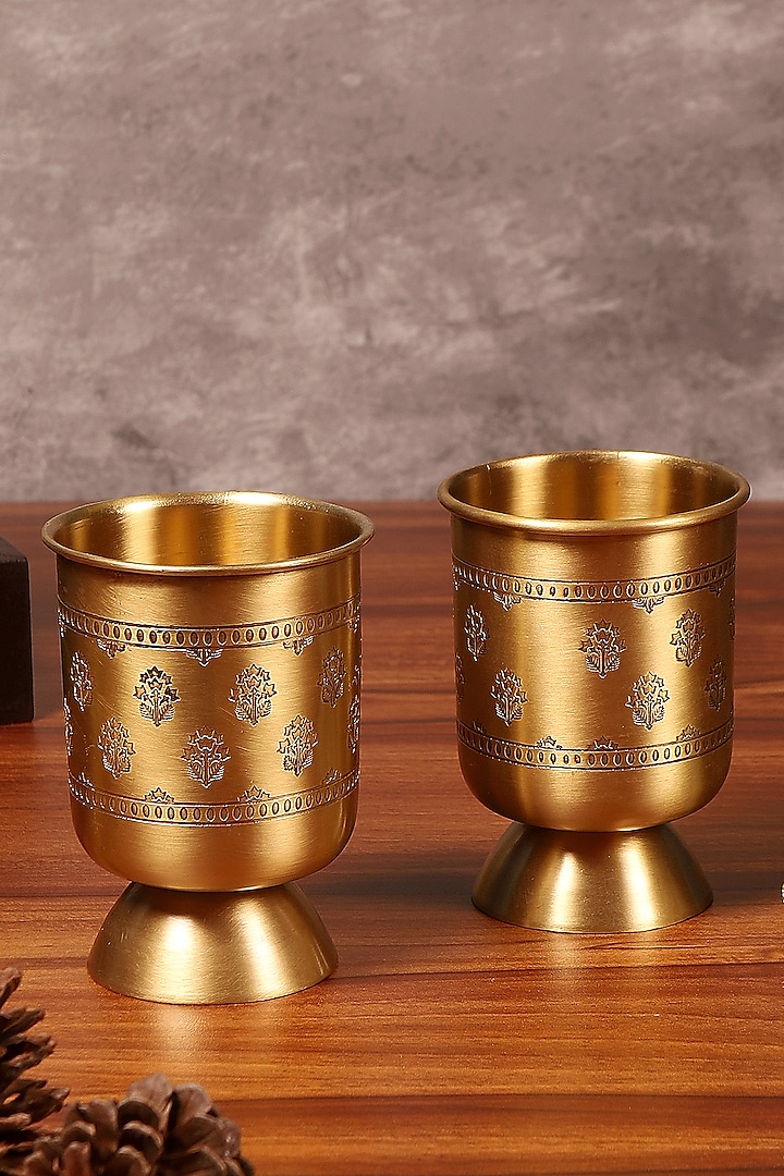 Antique Gold Brass Hand Etched Glass Set by Nakshikathaa at Pernia's Pop Up Shop