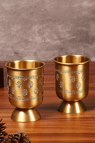 Antique Gold Brass Hand Etched Glass Set by Nakshikathaa