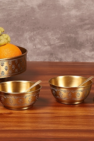 Antique Gold Brass Hand Etched Dessert Bowl Set by Nakshikathaa