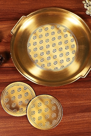 Antique Gold Brass Round Tray With Coaster Set by Nakshikathaa
