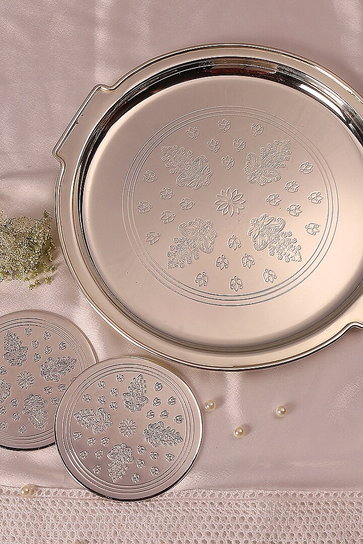Silver-Plated Brass Round Tray With Coaster Set by Nakshikathaa