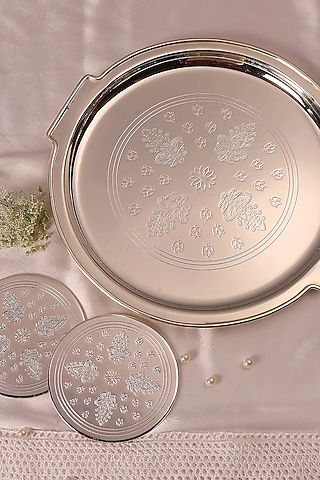 Silver-Plated Brass Round Tray With Coaster Set by Nakshikathaa