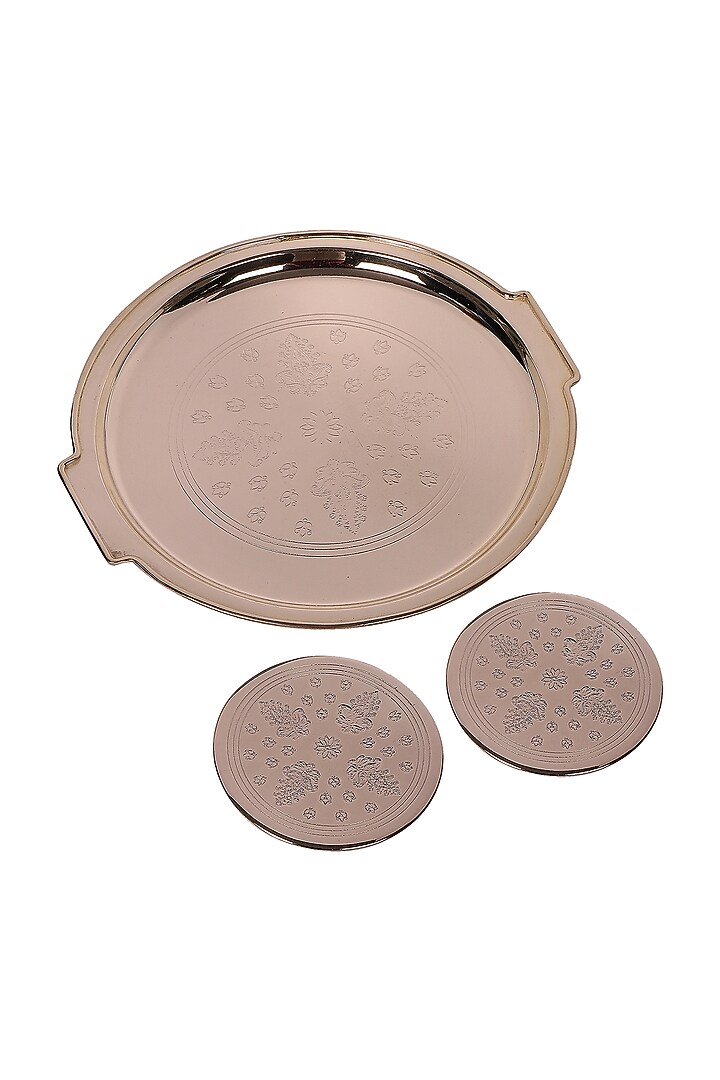 Silver-Plated Brass Round Tray With Coaster Set by Nakshikathaa at Pernia's Pop Up Shop