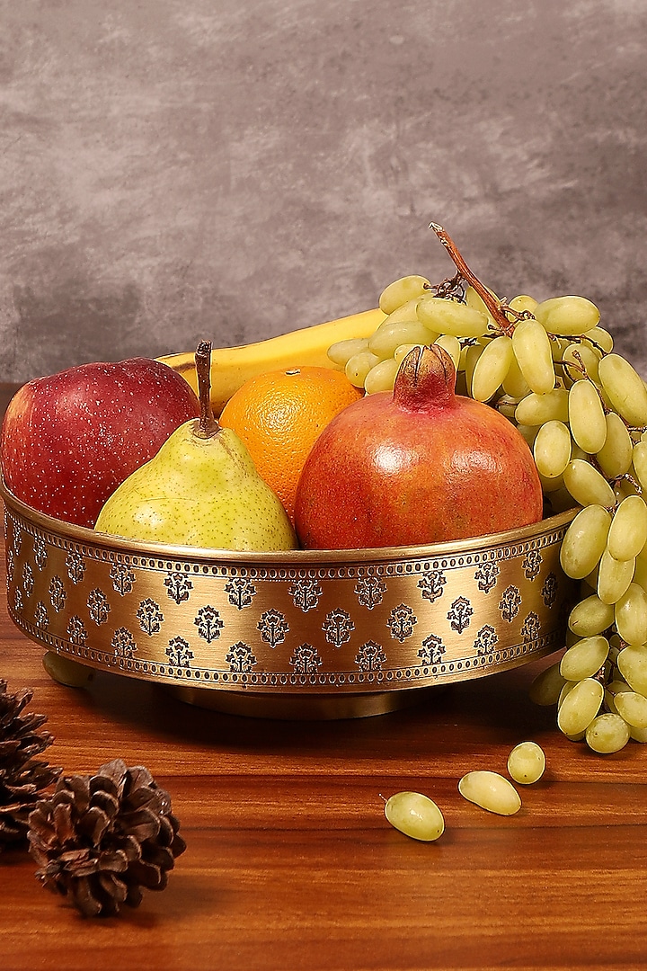 Antique Gold Brass Hand Etched Fruit Bowl by Nakshikathaa