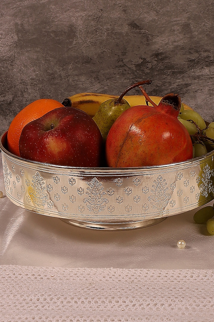 Silver Plated Brass Hand Etched Fruit Bowl by Nakshikathaa at Pernia's Pop Up Shop