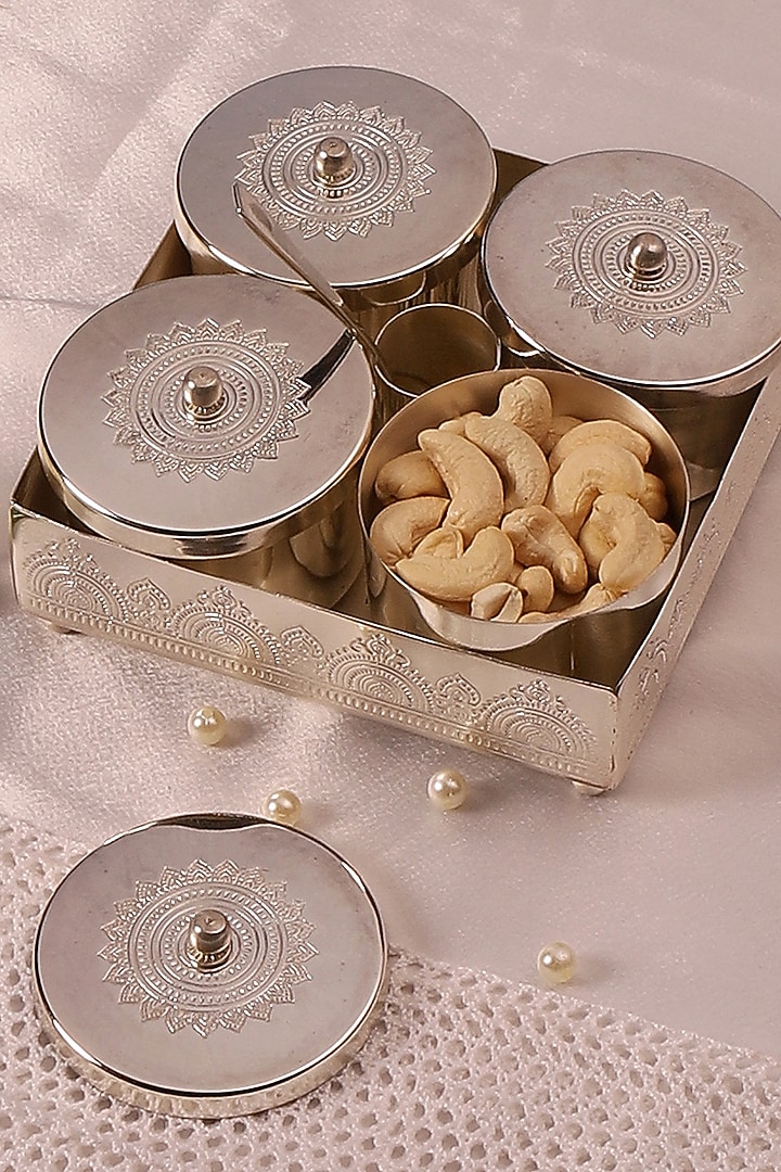 Silver Plated Brass Hand Etched Jar Set by Nakshikathaa at Pernia's Pop Up Shop