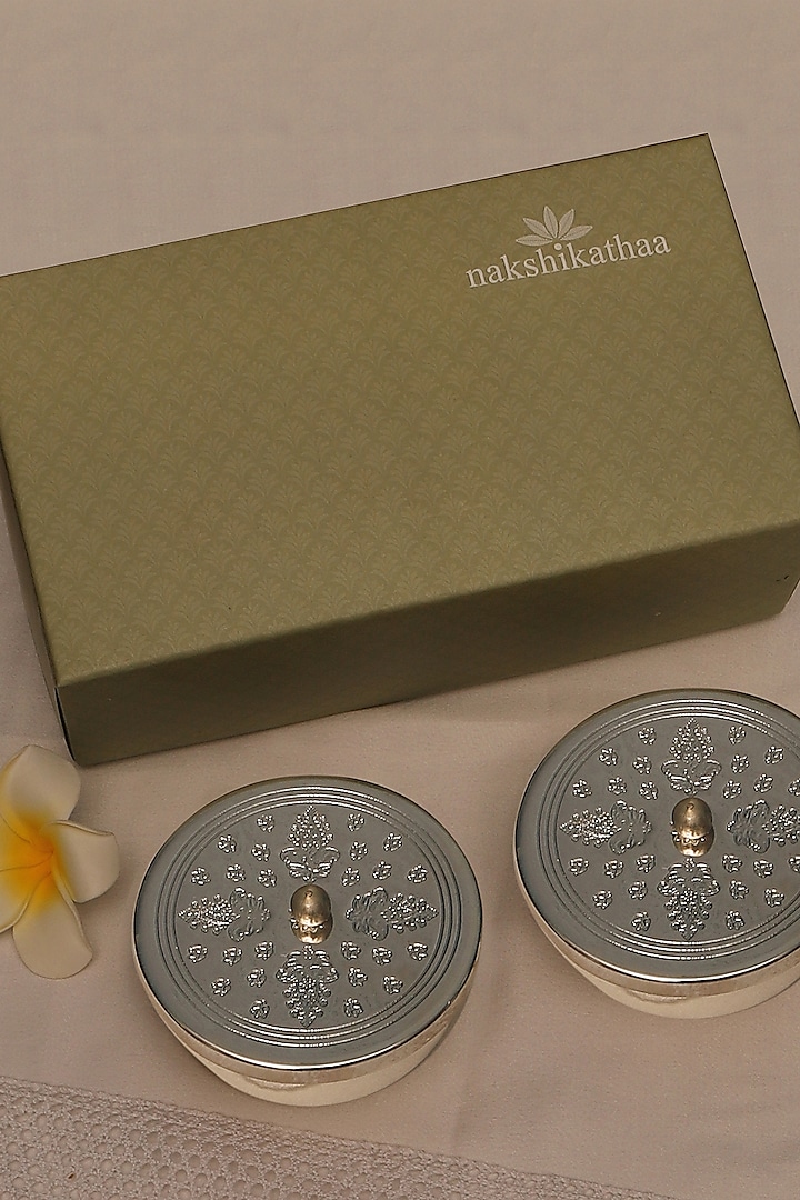 Silver Plated Brass Hand Etched Nut Bowl Gift Set by Nakshikathaa at Pernia's Pop Up Shop