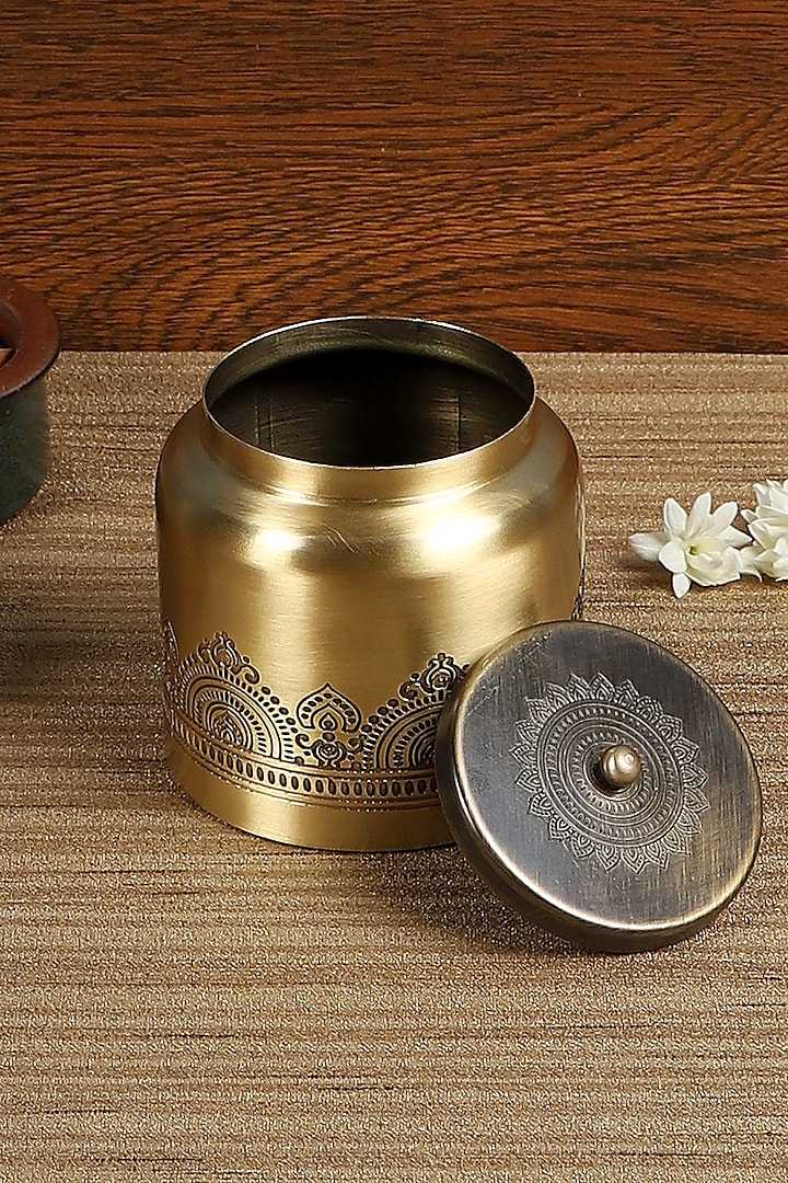 Antique Gold Brass Hand Etched Jar Gift Set by Nakshikathaa