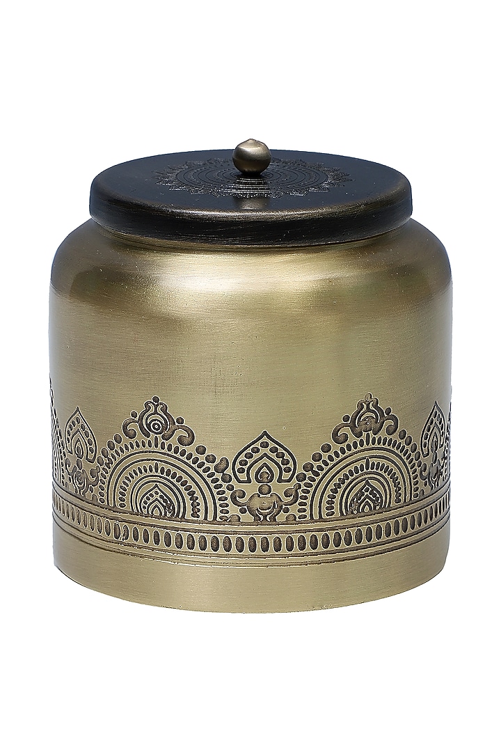 Antique Gold Brass Hand Etched Jar Gift Set by Nakshikathaa at Pernia's Pop Up Shop