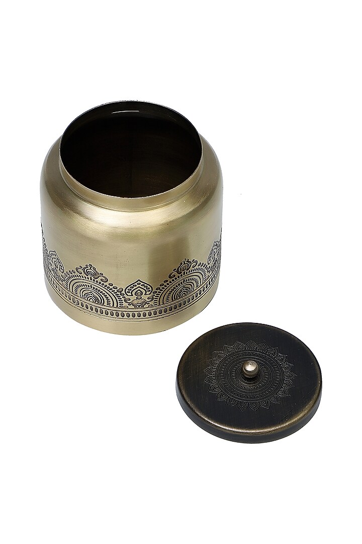 Antique Gold Brass Hand Etched Jar Gift Set by Nakshikathaa at Pernia's Pop Up Shop