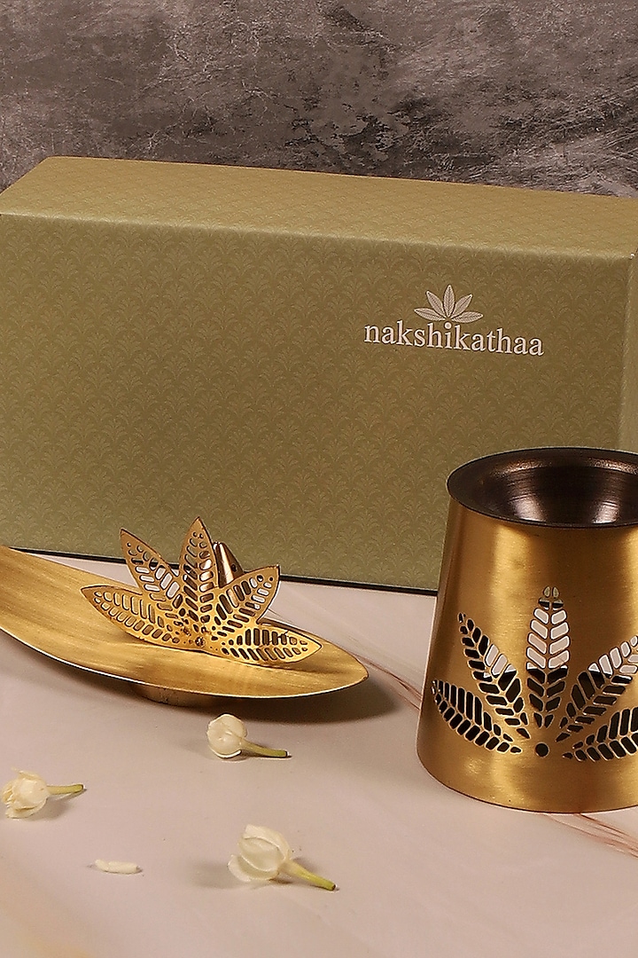 Antique Gold Brass Hand Etched Incense Holder & Diffuser Gift Set by Nakshikathaa