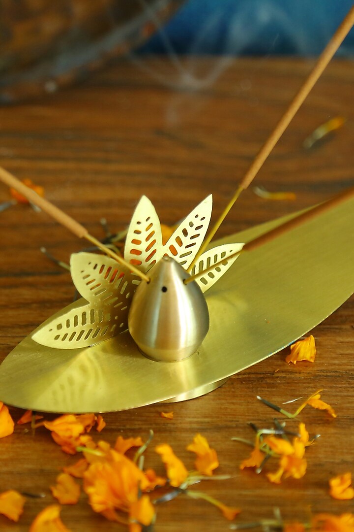 Antique Gold Brass Hand Etched Incense Holder & Diffuser Gift Set by Nakshikathaa at Pernia's Pop Up Shop