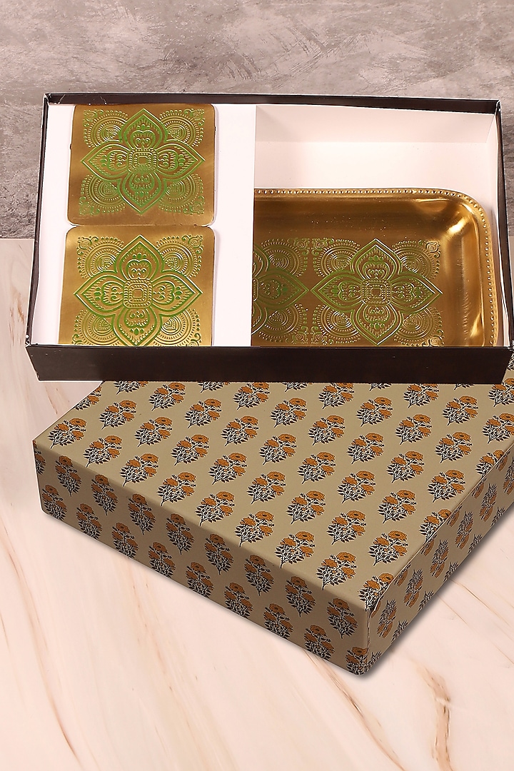 Antique Gold & Green Brass Rectangular Tray & Coaster Gift Set by Nakshikathaa at Pernia's Pop Up Shop