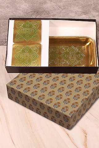 Antique Gold & Green Brass Rectangular Tray & Coaster Gift Set by Nakshikathaa