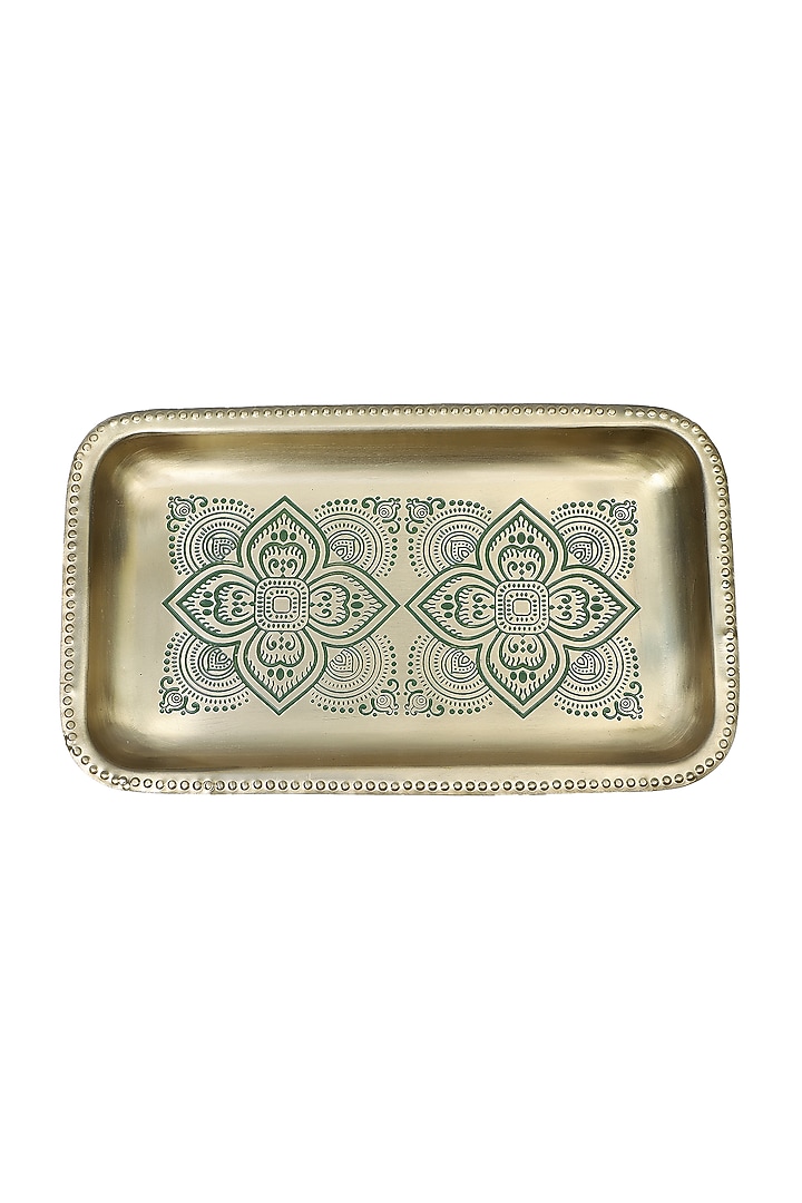 Antique Gold & Green Brass Rectangular Tray & Coaster Gift Set by Nakshikathaa at Pernia's Pop Up Shop