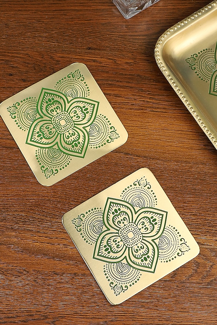 Antique Gold & Green Brass Rectangular Tray & Coaster Gift Set by Nakshikathaa at Pernia's Pop Up Shop