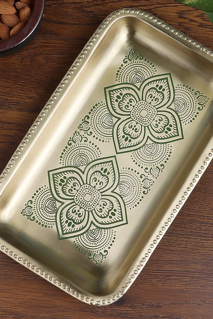 Antique Gold & Green Brass Rectangular Tray & Coaster Gift Set by Nakshikathaa at Pernia's Pop Up Shop