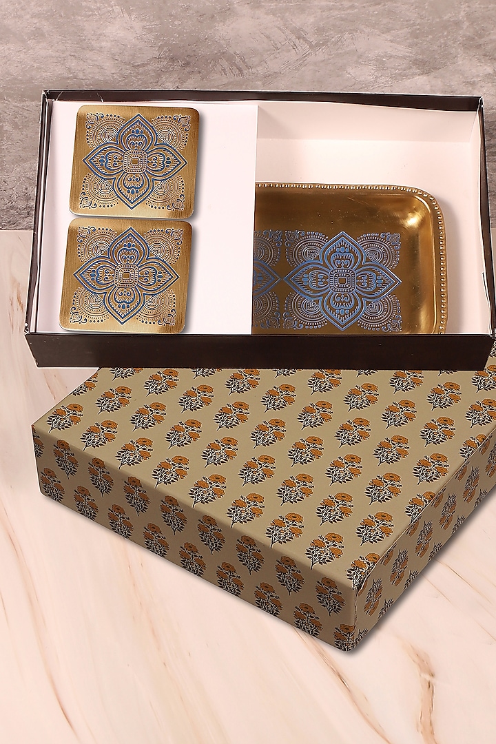 Antique Gold & Blue Brass Rectangular Tray & Coaster Gift Set by Nakshikathaa at Pernia's Pop Up Shop