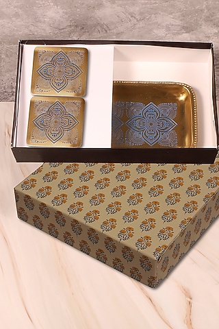 Antique Gold & Blue Brass Rectangular Tray & Coaster Gift Set by Nakshikathaa