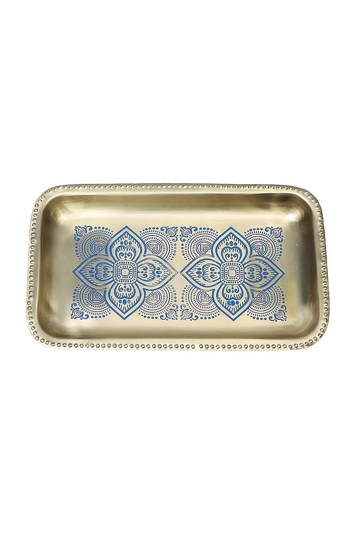 Antique Gold & Blue Brass Rectangular Tray & Coaster Gift Set by Nakshikathaa at Pernia's Pop Up Shop