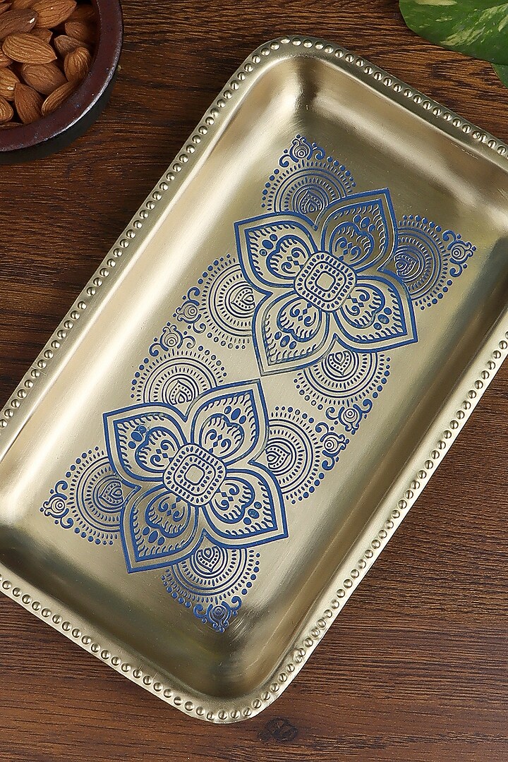 Antique Gold & Blue Brass Rectangular Tray & Coaster Gift Set by Nakshikathaa at Pernia's Pop Up Shop