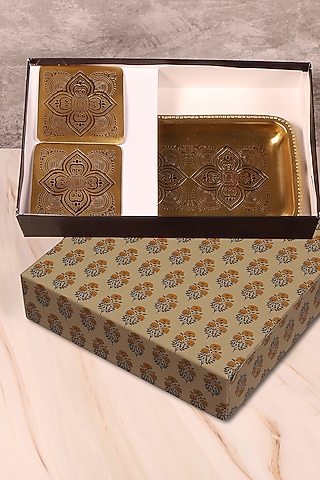 Antique Gold & Maroon Brass Rectangular Tray & Coaster Gift Set by Nakshikathaa