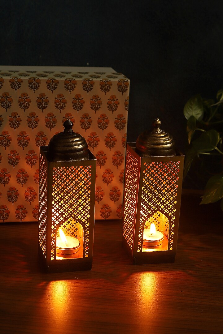 Gold Iron Handcrafted Tea-Light Holder Gift Set by Nakshikathaa at Pernia's Pop Up Shop