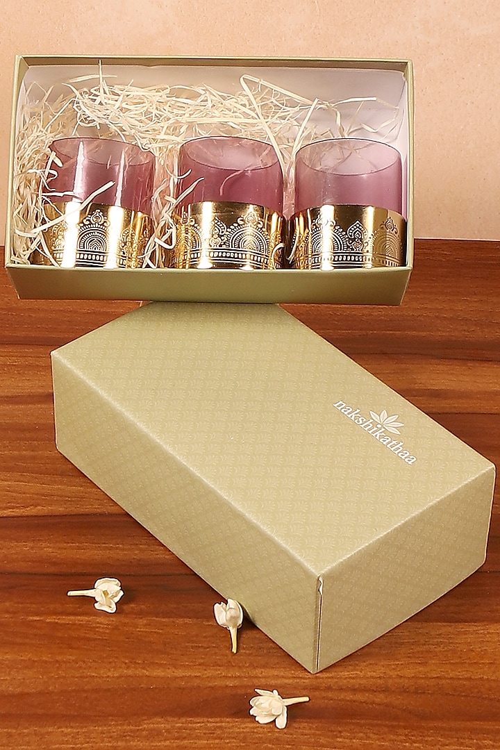 Gold Metal & Iron Hand Etched Votive Gift Set by Nakshikathaa at Pernia's Pop Up Shop